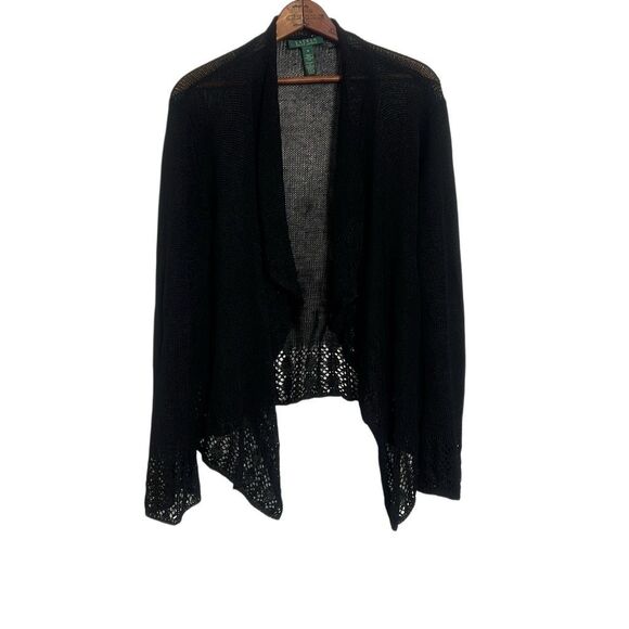 Lauren Ralph Lauren Linen Blend Open Front Pointelle Cardigan Black Size Medium - Picture 1 of 7